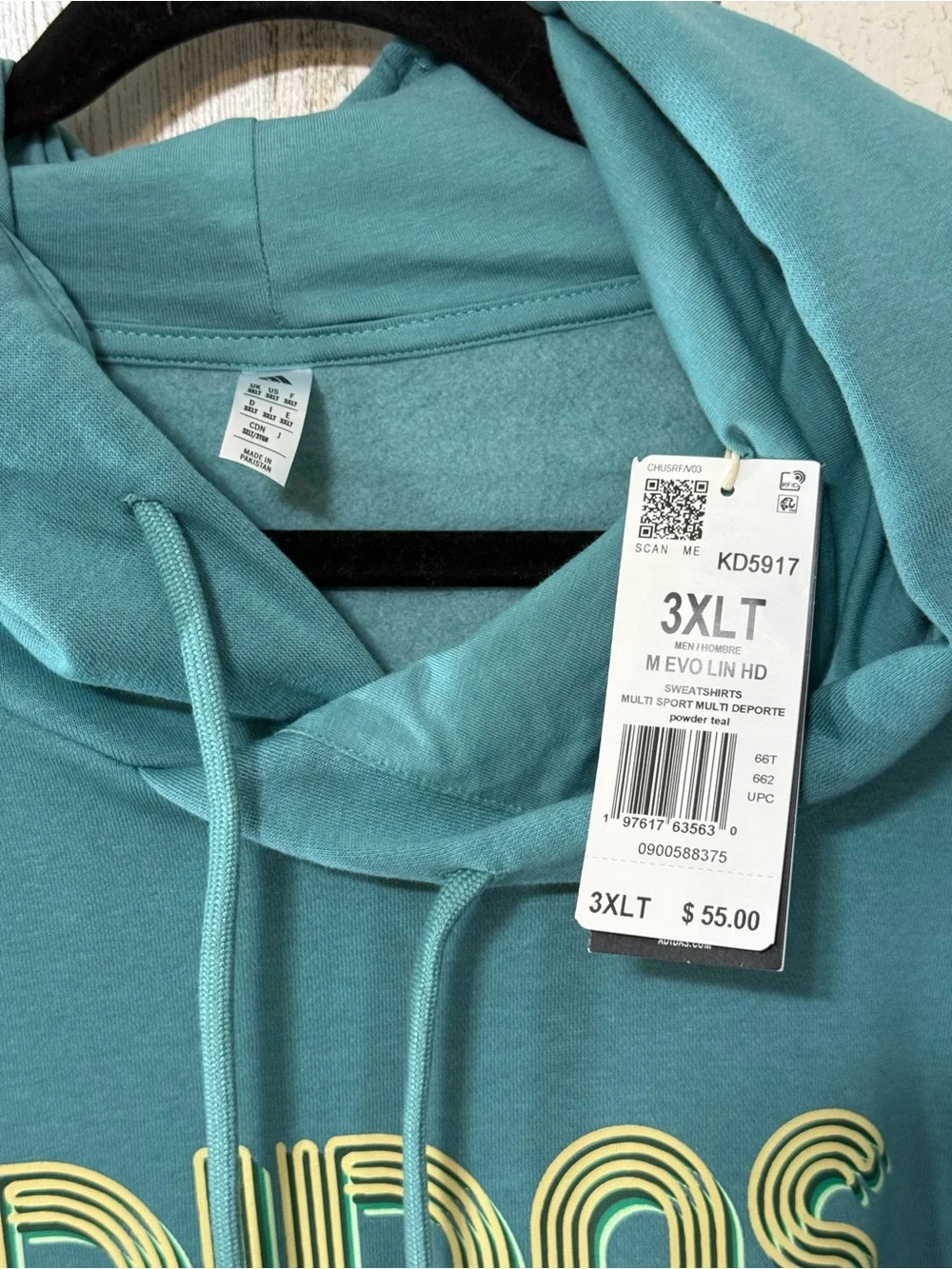 adidas Powder Teal Hoodie with Yellow-Green Logo Accent